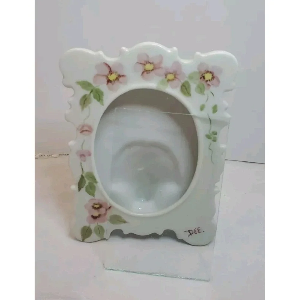 Vintage Porcelain Photo Frame Oval Center Hand Painted Flowers Signed By 